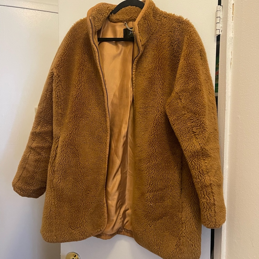 J Crew faux fur teddy coat, camel